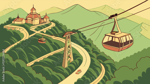 Scenic mountain cable car ride to hilltop temple with winding roads and lush green landscape view travel