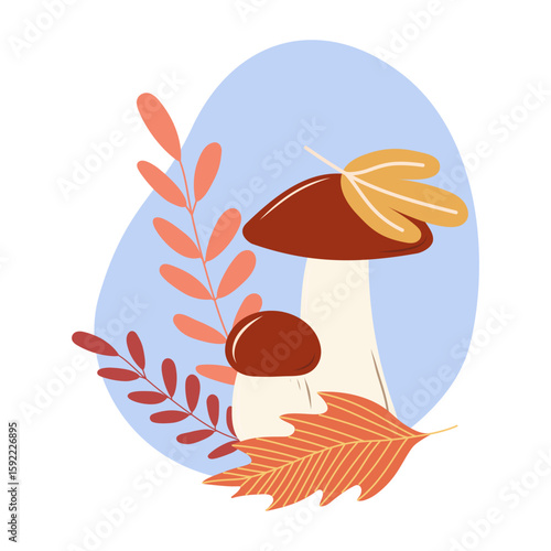 Edible mushrooms orange cap boletus and autumn leaves. Autumn harvest and gifts of the forest. Vector illustration.