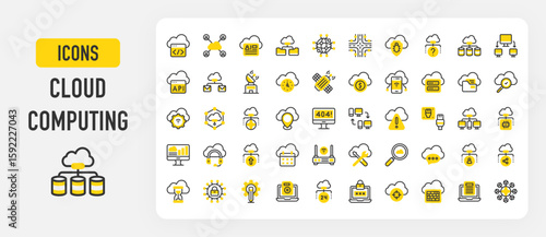 Cloud computing icons. Cloud, Api, Cyber Security, Network, Processor, Password, Algorithm, Identity, Support, Cloud Banking, Connection, Server, Blockchain stroke vector illustration.	
