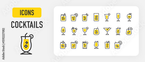 Cocktails icons. Pisco Sour, Bloody Mary, Cocktail, Cuba Libre, Gin Tonic, Margarita, Martini, Piña Colada, Caipirinha, Champagne stroke vector illustration.