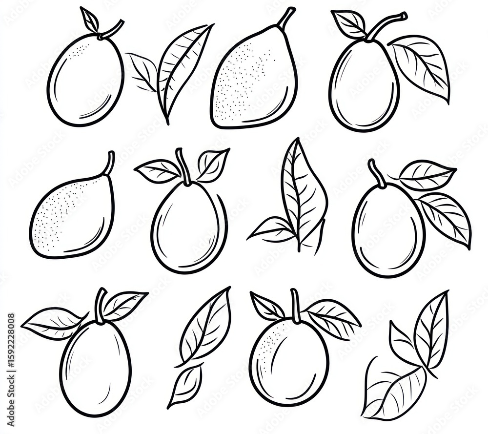 Obraz premium Black and white fruit and leaf illustrations