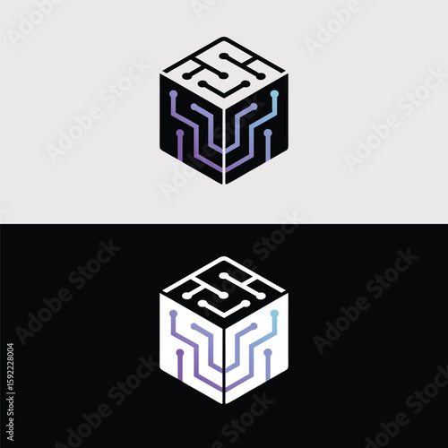 A futuristic cube logo design features a circuit board pattern with a gradient color scheme, symbolizing technology and innovation