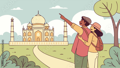 Couple visiting taj mahal india tourism travel destination landmark vacation sightseeing adventure culture 100