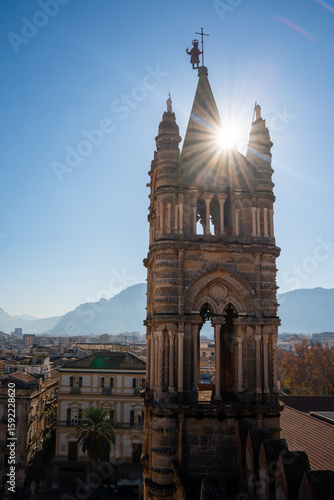 Bell tower of Palermo Cathedral with sunburst