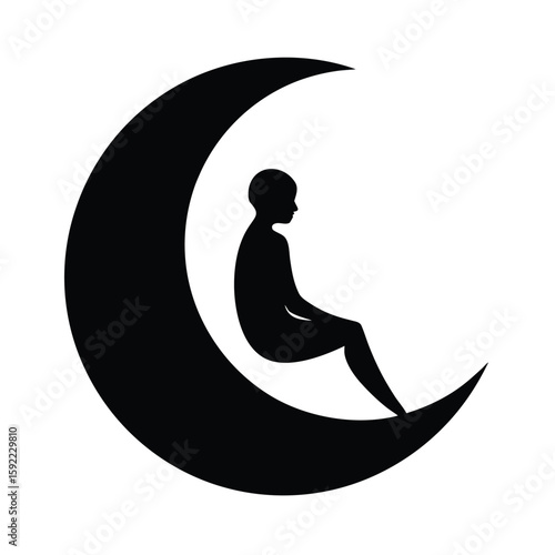 Person Relaxing Peacefully On Crescent Moon Scene Line Art Vector illustration