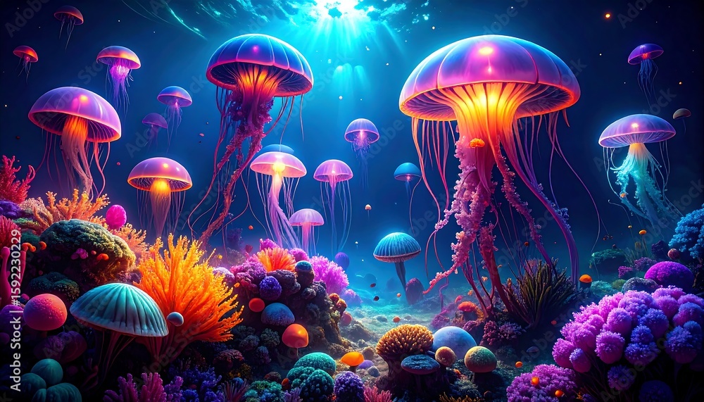 Fototapeta premium A vibrant coral reef teeming with exotic sea creatures, with bioluminescent jellyfish illuminating the clear blue water. Represents underwater beauty and marine biodiversity.
