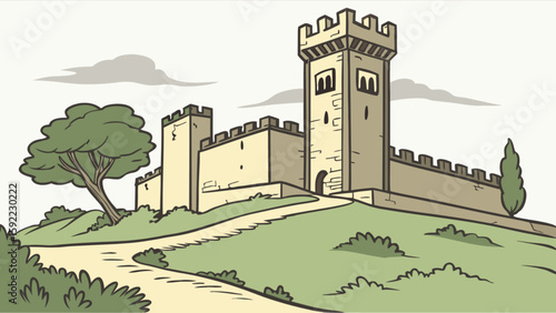 Cartoon medieval castle drawing illustration with tower and tree on a hill vector landscape design