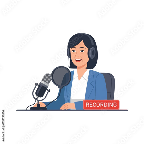 Woman in a blue blazer recording a podcast with a microphone and headphones, with a "recording" sign.