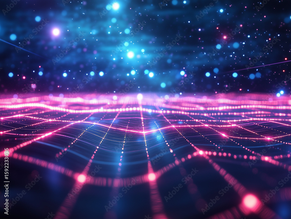 Obraz premium Neon blue and purple grid landscape with wireframe mountains under stars, digital art