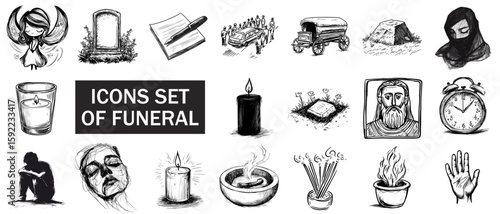 Icons set of funeral illustrations, vector icon set in sketch style funerals and funeral services