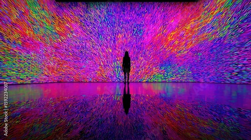 Silhouette of Person in Vibrant Colorful Pixelated Light Installation