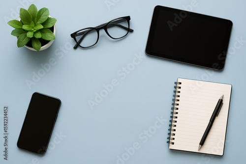 Modern tech and stationery essentials with potted plant on pastel blue desk – flat lay workspace setup
