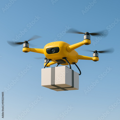 Yellow delivery drone flying with package against clear blue sky – futuristic aerial logistics concept
