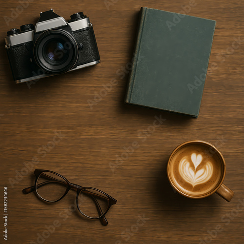 Vintage camera, hardcover book, eyeglasses, and latte art on wooden desk – cozy creative flat lay
