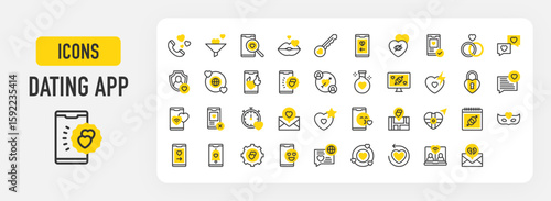 Dating app icons. Kiss, Nearby, Engagement, Match, Search, Anonymous, Settings, Undo, Date, Swipe Right, Blind Date, Love Potion, Break Up, Account, Emoticon illustration.