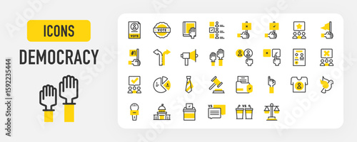 Democracy icons. Support, Candidates, Justice Court, Debate, Vote, Justice Scale, Direction, Raise Hand, Choice, Protest, Capitol, Candidate, Dove stroke vector illustration.	
