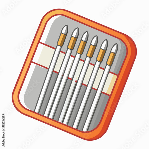 Set of shiny silver embroidery needles in a clear plastic case