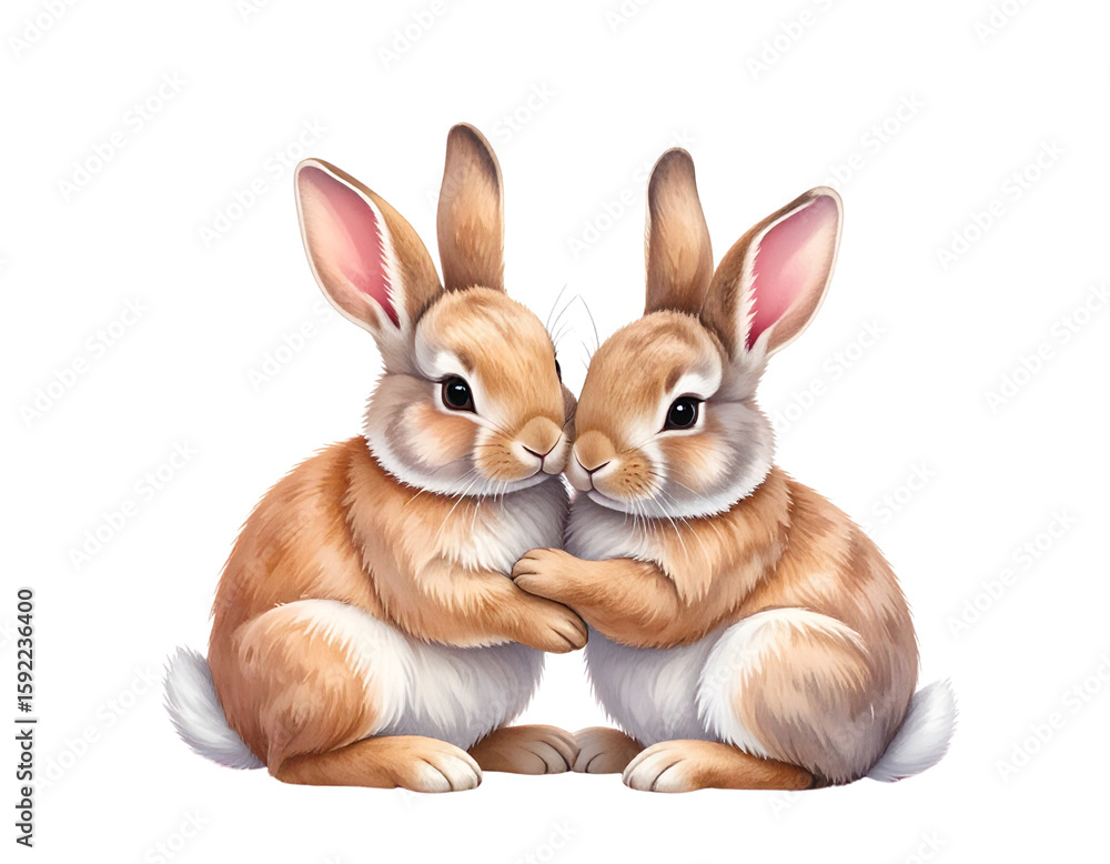 Fototapeta premium Two Cute Easter Bunnies Cuddling Under Blossoms, Love and Spring Theme, Soft Pink Background, Isolated on Transparent Background PNG 