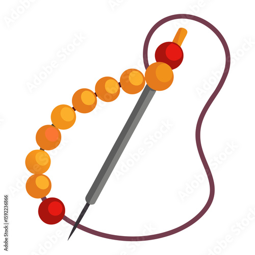 Illustration of a beading needle with wax thread and colorful beads