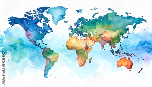 Trade War Headline Watercolor Concept. Colorful watercolor map of the world with vibrant geographical details.