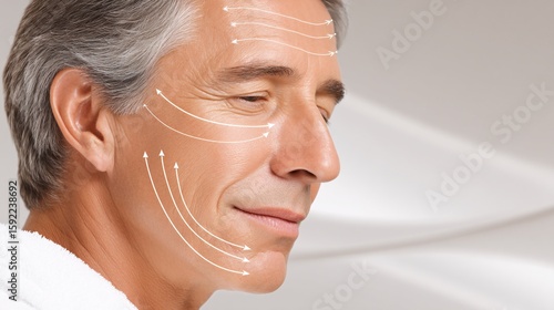conceptual illustration of a sporty man's face outlined by a subtle, digital data stream, indicating improved skin metrics like elasticity and firmness after consistent facial cream application. 