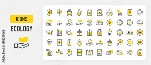 Ecology icons. Eye, Energy, Recycling Bin, Eco Factory, Sun Energy, Save The World, Heart, Eco Battery, Location Pin, Save Nature, Plastic Bag, Shield, Earth stroke vector illustration.