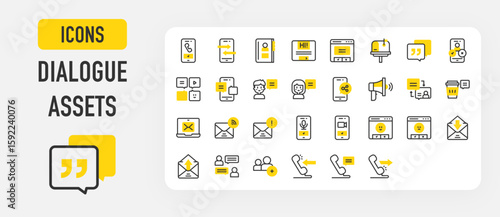 Dialogue assets icons. People, Phone, Dialogue, Mail, Phone Call, Smartphone, Social Media, Speech Bubbles, Girl, Envelope, Laptop, Phone Record, Window vector stroke illustration.	
