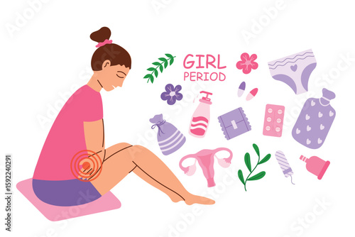 Symptom of premenstrual pain in the lower abdomen of a young woman.