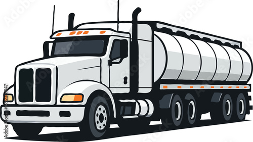White Tanker Truck with Black Accents and Multiple Axles for Transporting Liquids or Gases