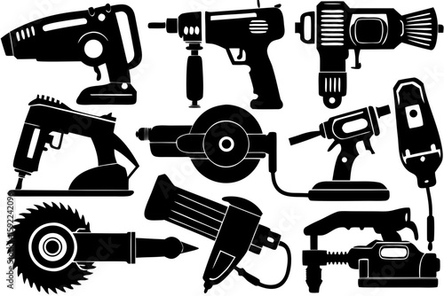 Collection of various power tools including drills, saws, grinders, and sanders, showcasing a diverse range of equipment for construction and DIY projects