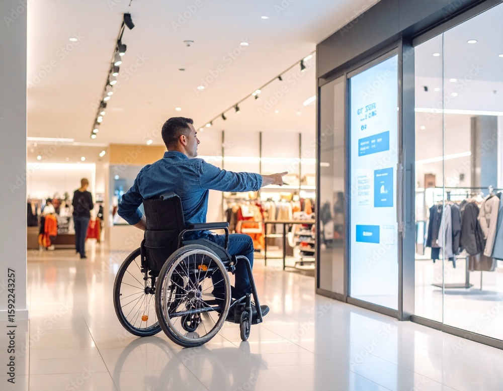 Obraz premium A customer standing in front of a shop window interacting with an augmented reality display. Futuristic retail concept showcasing digital shopping experience, smart marketing, and virtual product info