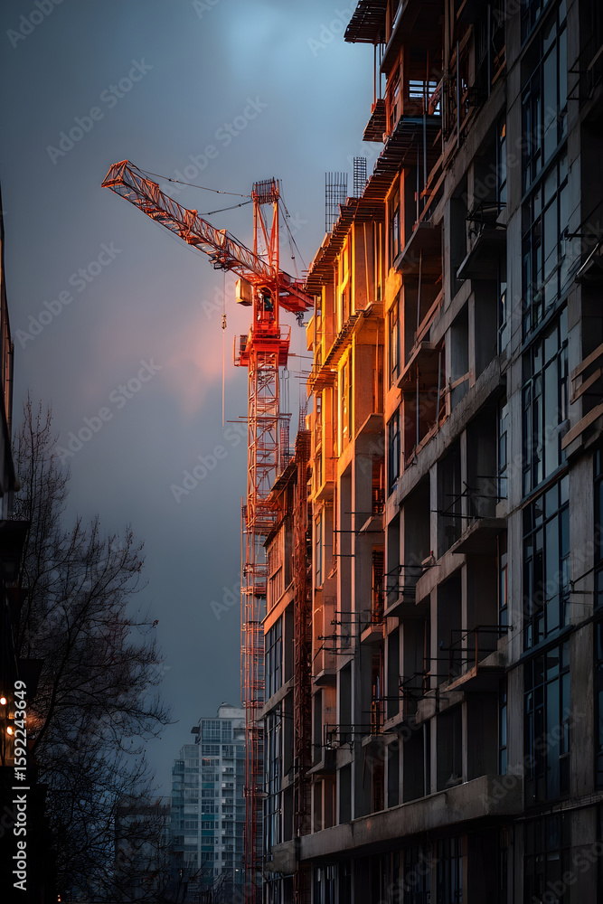 Fototapeta premium Construction site of concrete and steel building in morning light -