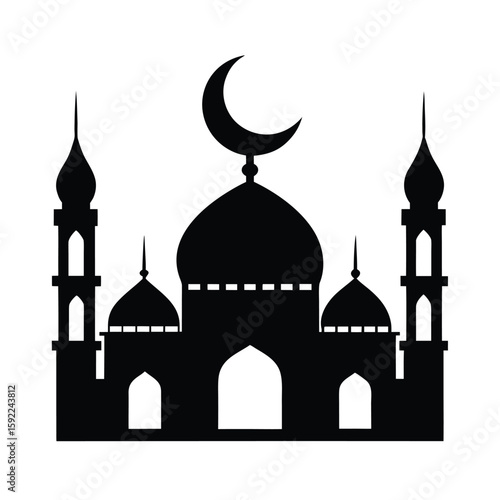 Crescent Moon Shining Above Peaceful Mosque Scene Line Art Vector illustration