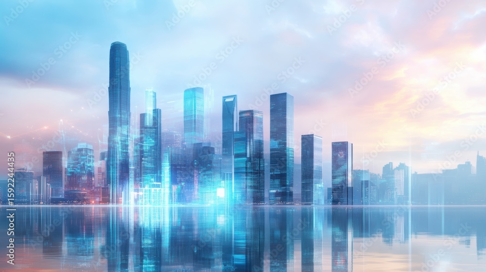 Fototapeta premium A futuristic city skyline at dawn with reflective glass skyscrapers and a soft pastel sky, emphasizing modern architecture and urban innovation.