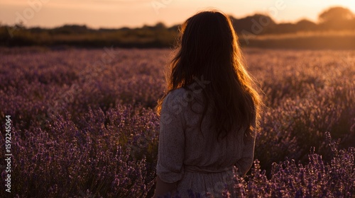 Woman in White Dress Contemplating in a Lavender Field at Sunset