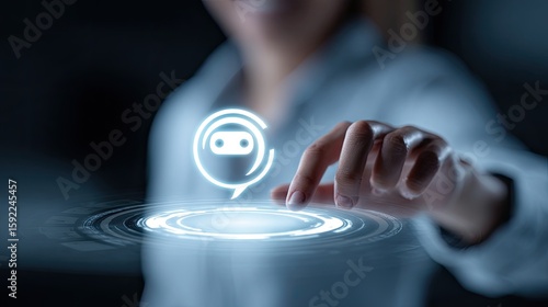 Woman Interacting with Glowing Digital Chatbot Interface