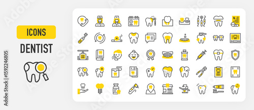 Dentist icons. Toothache, Baby Teeth, Appointment, Plaque, Dentist Chair, Drilling, Healthy, Prescription, Award, Root Canal, Broken, Dental Care, Dentistry vector stroke illustration.	
