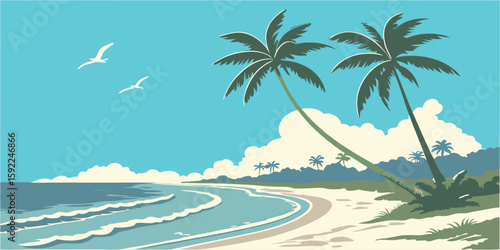 Tropical summer beach background with golden sand, turquoise sea, blue sky, soft waves, palm trees, and seashells — vibrant, clean, high-resolution vector.