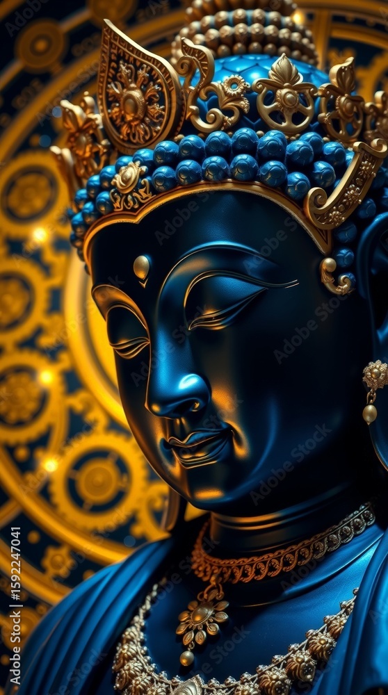 Fototapeta premium Serene Cosmic Buddha: Deep Blue and Gold Deity