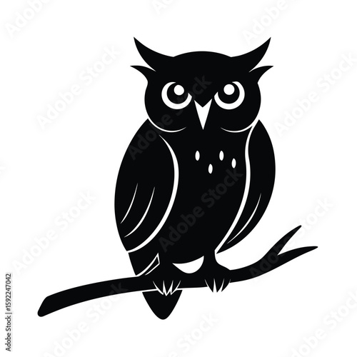 Owl Resting Quietly On Tree Branch In Forest Line Art Vector illustration