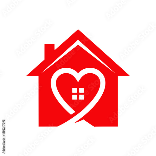 Solid Red Logo of House and Heart Representing Care and Home Love