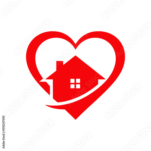 Solid Red Logo of House and Heart Representing Care and Home Love