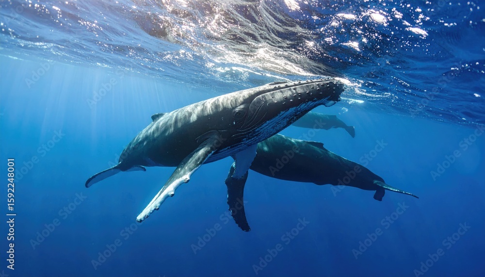 Fototapeta premium Two humpback whales swim underwater, sunbeams pierce the surface