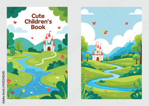 Children’s Book Cover with River Path Leading to Castle in Green Hills and Butterflies

