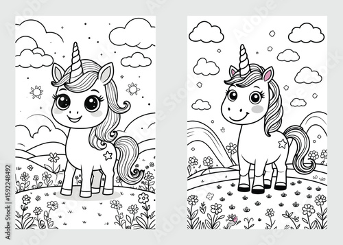 Children’s Book Cover Featuring Cute Unicorn in Black and White Nature Landscape

