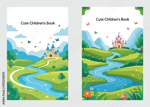 Children’s Book Cover with Fantasy Countryside River Landscape and Distant Castle

