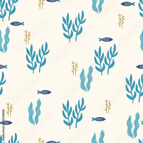 Ocean seamless pattern with fishes and seaweeds on white background. Perfect for wallpaper, gift paper, summer greeting cards. Vector hand drawn child illustration