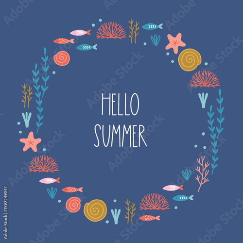 Ocean greeting card with fishes, starfishes, shells, corals, seaweeds on blue background. Perfect for summer holidays and decorations. Hand drawn frame, wreath