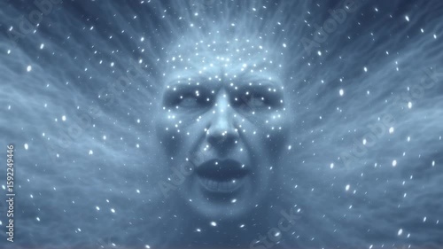 Mystical face emerging from swirling mist and stars. Ethereal being in cosmic scene. Spiritual concept of consciousness awakening. Surreal fantasy art for meditation video.