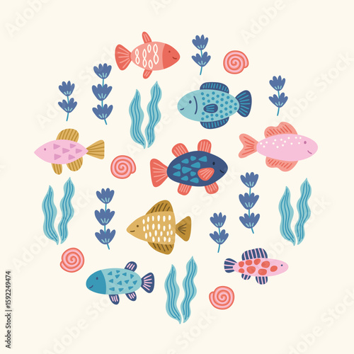 Ocean greeting card with fishes, shells, seaweeds on white background. Circle ornament. Perfect for seasonal holidays, summer decorations. Vector child illustration